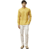 Manyavar Men's Short Kurta, Full Sleeves Mandarin Collar Ethnic Waist Length Kurta Only, Kurta For Festival, Wedding, Blended Viscose(Mustard - 1, M)