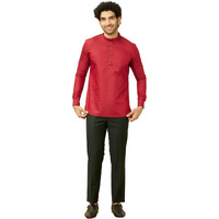 Manyavar Mens Red Blended Cotton Short Kurta