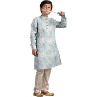 Manyavar Boys Green Blended Cotton Kurta Pyjama Set(4-5 Years)