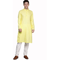 Manyavar Kurta Set For Men, Full Sleeves Mandarin Collar Ethnic Kurta Set For Engagement, Wedding, Party Cotton (Yellow, L)
