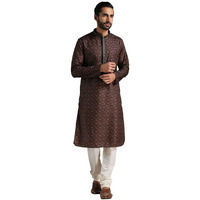Manyavar Kurta Set For Men, Full Sleeves Mandarin Collar Ethnic Men's Kurta Set For Engagement, Wedding, Party Blended Viscose Printed (Black, L)