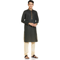 Manyavar Green Blended Viscose Printed Casual Kurta Set For Men