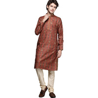 Manyavar Kurta Set For Men, Full Sleeves Mandarin Collar Ethnic Kurta Set For Engagement, Wedding, Party All Over Self Design (Rust, M)