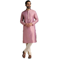Manyavar Kurta Set For Men, Full Sleeves Mandarin Collar Ethnic Men's Kurta Set For Engagement, Wedding, Party Blended Viscose Printed (Coral, 2Xl)