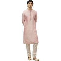 Manyavar Kurta Set For Men, Full Sleeves Mandarin Collar Ethnic Kurta & Payjama Set Art Silk Embroidery Set (Pink, L)
