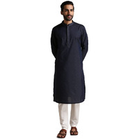 Manyavar Kurta Set For Men, Full Sleeves Mandarin Collar Ethnic Men's Kurta Set For Engagement, Wedding, Party Blended Cotton Printed (Blue, M)