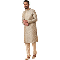 Manyavar Kurta Set For Men, Full Sleeves Mandarin Collar Ethnic Kurta & Payjama Set Art Silk Printed Set (Grey, Xl)