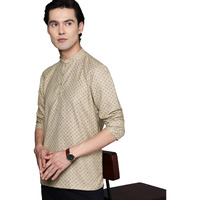 Manyavar Men's Short Kurta, Full Sleeves Mandarin Collar Ethnic Waist Length Kurta Only, Kurta For Festival, Wedding, Party, Anniversary, Blended Cotton (Beige, M)