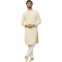 Manyavar Kurta Set For Men, Full Sleeves Mandarin Collar Ethnic Kurta Set For Engagement, Wedding, Party All Over Self Design (Beige, M)