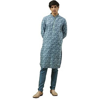 Manyavar Kurta Set For Men, Full Sleeves Mandarin Collar Ethnic Kurta & Payjama Set Art Silk Blended Viscose Set (Blue, L)