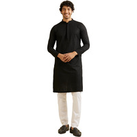 Manyavar Kurta Set For Men, Full Sleeves Mandarin Collar Ethnic Kurta Set For Engagement, Wedding, Party Solid (Black, S)