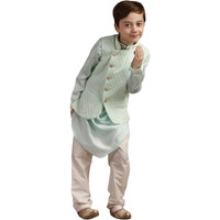 Manyavar Boys Green Cotton Kurta Jacket Pyjama Set((12-14 Years)