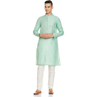 Manyavar Green Art Silk Self Design Casual Kurta Set For Men