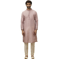 Manyavar Kurta Set For Men, Full Sleeves Mandarin Collar Ethnic Kurta & Payjama Set Art Silk All Over Self Design Set (Dusty Pink, L)