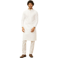 Manyavar Mens White Blended Cotton Embroidered Kurta Pyjama Set
