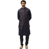 Manyavar Kurta Jacket Set With Payjama For Men, Full Sleeves Mandarin Collar Ethnic Wear Jacket Set For Festival, Wedding, Party Satin (Blue - 1, Xl)