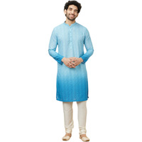 Manyavar Mens Light Blue Blended Cotton Kurtas