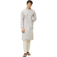 Manyavar Mens Grey Cotton Embroidered Kurta Pyjama Set