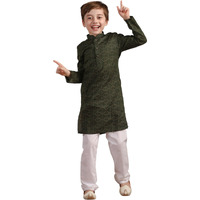 Manyavar Boys Green Cotton Kurta Pyjama Set((5-6 Years)