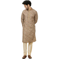 Manyavar Mens Beige Cotton Kurta Churidar Set