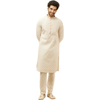 Manyavar Mens White Blended Cotton Jacquard Kurta Pyjama Set