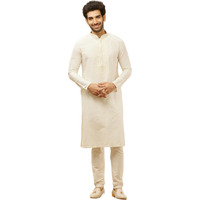 Manyavar Mens Warm White Blended Viscose Embroidered Kurta Pyjama Set