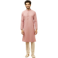 Manyavar Men's Pink Blended Cotton Printed Kurta Pyjama Set (L)