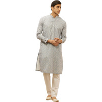 Manyavar Mens Grey Blended Cotton Printed Kurta Pyjama Set