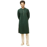 Manyavar Mens Green Art Silk Self Design Kurta Pyjama Set