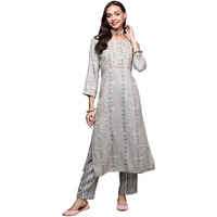 Anubhutee Women's Muslin Grey Bandhani Printed Straight Kurta Suit Set With Pants