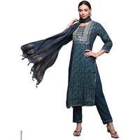Anubhutee Women's Muslin Teal Ethnic Motifs Embroidered Straight Kurta Suit Set With Pants And Dupatta