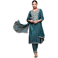 Anubhutee Women's Teal Gotawork Printed Kurta Set With Trousers And Dupatta