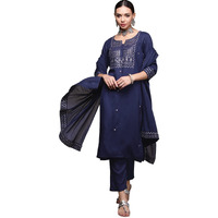 Anubhutee Women's Rayon Navy Blue Floral Embroidered Straight Kurta Suit Set With Pants And Dupatta