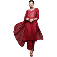 Anubhutee Women's Rayon Maroon Floral Embroidered Straight Kurta Suit Set With Pants And Dupatta