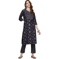 Anubhutee Women's Cotton Navy Blue Ethnic Motifs Printed Straight Kurta Suit Set With Pants
