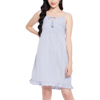 Clovia Women's Crepe Striped Resort Wear Slip Dress With Ruffles (Rw0055P03_Blue_Xl)
