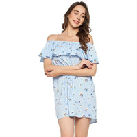 Clovia Women's Crepe Pretty Florals Resortwear Bardot Dress In Blue (Rw0018P03_Blue_Xl)