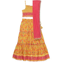 Biba Girls Yellow Printed Cotton Lehenga Set