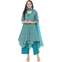Biba Cotton Women Printed Anarkali Salwar Kurta Dupatta(Skdfloral F9233_Turquoise_42)