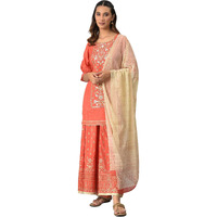 Peach Zari Embroidered Kurta And Palazzo With Printed Dupatta