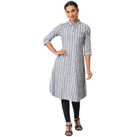 Aurelia Women's Cotton Solid Regular Blue Stripe Print Shirt Collar Kurta (23Fea13438-704099