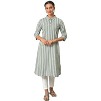 Aurelia Women's Cotton Solid Regular Green Stripe Print Shirt Collar Kurta (23Fea13438-704100