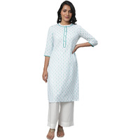 Aurelia Blue Floral Printed Printed Cotton Regular Kurta With Lace