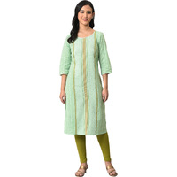 Aurelia Women's Green Striped Cotton Regular Kurta