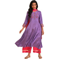 Wishful By W Women Shantung Embroidered Flared Purple Kurta And Pants Set With Dupatta | Embroidered Ethnic Kurta Set With Dupatta | Women Flared Kurta Set