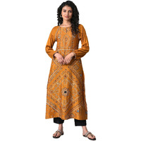 W For Woman Dark Yellow Ethnic Motif Long Kurta With Coins