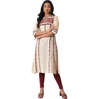 W Gold Khadi Floral Printed Straight Long Cotton Kurta For Women