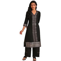 W For Woman Black Placement Print A-Line Kurta_23Few18178-312432_S