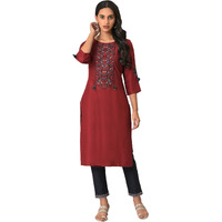 W For Woman Maroon Round Neck Kurta With Embroidered Yoke_23Few18179-217867_S