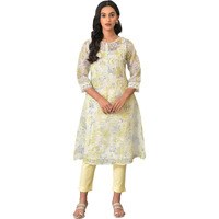 W Ecru Floral Printed Synthetic Lace Regular Kurta For Women